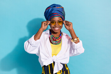 Wall Mural - Photo of zulu stunning lady touch specs enjoy native aborigine look isolated on blue pastel color background