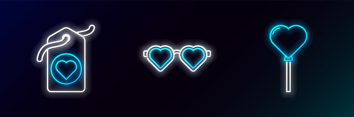 Sticker - Set line Balloons in form of heart, Heart tag and shaped love glasses icon. Glowing neon. Vector