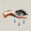 Contemporary art collage. Abstract image of female crying eye lying on hand symbolizing psychological help