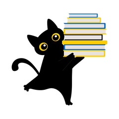 Black cute cat holds a lot of books in its paws. Education and reading concept. 