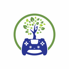 Wall Mural - Eco game vector logo design. Green gamepad fresh leaf nature logo design.