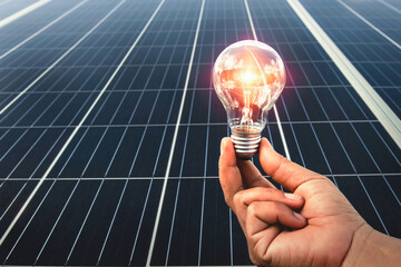 Wall Mural - hand holding light bulb with solar panel background
