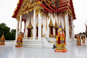 Ancient antique building ubosot church for thai people foreign travelers travel visit and respect praying buddha blessing holy worship of Wat Bot Bon temple at Bang Kruai city in Nonthaburi, Thailand