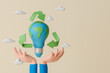 3d rendering concept ecology and environment illustration with hand holding light bulb shaped earth and recycle icon.