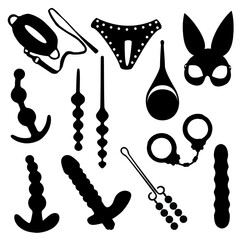 Illustration of sex toys on a white background. A set of erotic objects.