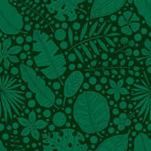 Tropical Black Leaves And  Polka Dots. Exotic Summer Botanical Seamless Pattern. Can Be Used In Textile Industry, Paper, Background, Scrapbooking.Vector.
