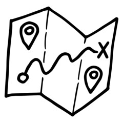 Wall Mural - Childish freehand contour drawing of the adventure paper map. Simple cartoon black icon isolated on transparent background