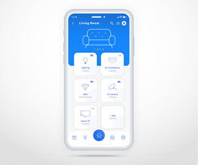 Smartphone smart home controlled app UX UI, IOT Internet of things technology, Digital future home automation tech, smart devices application phone, Wifi cctv lighting heating air, vector illustration