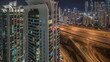 © HyperlapsePro - Aerial view of Dubai marina and JLT skyscrapers with glowing windows night timelapse with traffic on sheikh zayed road.