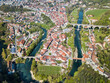Aerial view of the old town Fribourg and the curvy Sarine river meander, Switzerland.
