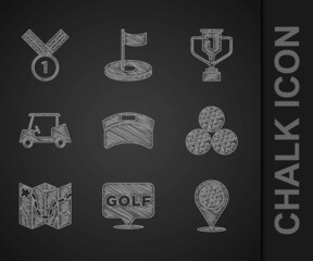 set sun visor cap, golf label, location golf sport club, ball, course layout, car, award cup with an