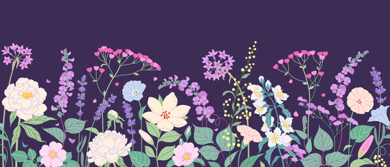 Wall Mural - Seamless Border  with Garden Flowers on Dark