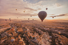 Travel And Inspiration, Hot Air Ballons In Turkey Flying At Sunrise Sky
