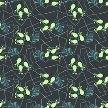 Stylish Seamless Vector Pattern With Abstract Flowers And Leaves, Chaotic Lines. Poppy Head. Light Green Seeds On A Dark Gray Background.  Design For Decoration, Covering, Fabric, Tile, Wallpaper