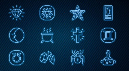 Wall Mural - Set line Poison in bottle, Gemini zodiac, Pentagram, Witch cauldron, Moon, Diamond, Christian cross and circle icon. Vector