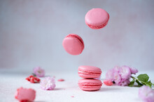 Pink Macaroon With Flowers On A Beautiful Background