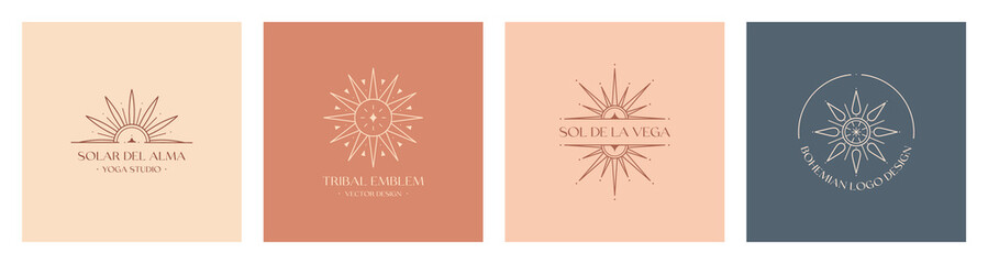 Wall Mural - set of vector bohemian logo design templates with star,sun and sunburst.modern celestial emblems.bra