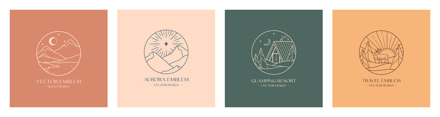 Wall Mural - Vector linear glamping emblems with forest landscape,mountains,house or tent.Travel logos with deer,crescent moon,lake,sun and aurora.Modern hike,camp,nature reserve,outdoor recreation labels.