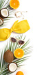 Summer holidays concept. Top view vertical photo of yellow bikini sunglasses shell bracelet cracked coconuts oranges and palm leaves on isolated white background with copyspace