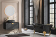 Modern luxury bathroom with black bathroom furniture, oval sink, oval mirror hanging on beige wall. 3d rendering
