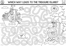 Pirate Black And White Maze For Kids With Marine Landscape, Ship, Treasure Island. Treasure Hunt Preschool Printable Activity With Chest, Coins, Shark. Sea Adventures Coloring Labyrinth.