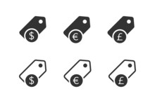 Tag Price Icon Set. Sale Icons With Dollar, Euro And Pound Symbols. Vector Illustration.