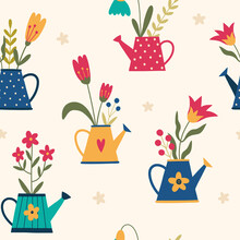 Seamless Pattern With Garden Watering Can With Flowers. Garden Background. Cartoon Flat Style Vector Illustration.