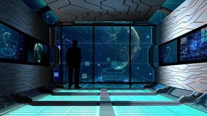 Wall Mural - Man looking at planet earth holograph in futuristic cyberspace