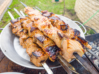 Grilled salmon fish kebab skewers on wooden board. Dark wooden background.