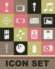 Poster - Set Photo camera, Bathroom scales, Postal stamp, Joystick for arcade machine, Portable video game console, Target sport, and Music synthesizer icon. Vector