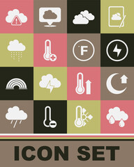 Sticker - Set Cloud with rain, Moon, Lightning bolt, Meteorology thermometer, Storm warning and Fahrenheit icon. Vector