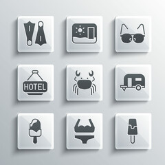 Set Swimsuit, Ice cream, Rv Camping trailer, Crab, Signboard with text Hotel, Rubber flippers for swimming and Glasses icon. Vector