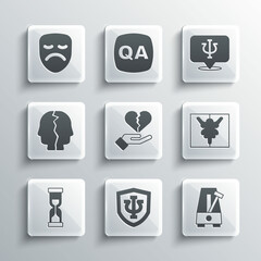 Wall Mural - Set Psychology, Psi, Metronome with pendulum, Rorschach test, Broken heart divorce, Old hourglass, Bipolar disorder, Drama theatrical mask and icon. Vector