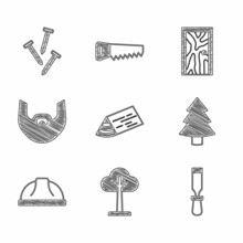Set Wooden Beam, Tree, Chisel Tool, Christmas Tree, Worker Safety Helmet, Mustache And Beard, Closed Door And Metallic Nails Icon. Vector