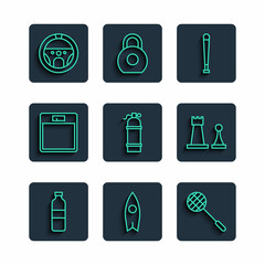 Sticker - Set line Bottle of water, Surfboard, Tennis racket, Baseball bat, Aqualung, Bathroom scales, Steering wheel and Chess icon. Vector