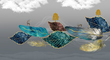 3d Art Wallpaper. Blue, Turquoise, And Red Leaves, White Clouds And Feathers In Gray Background	
