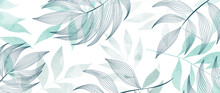 Abstract Luxury Art Background With Tropical Leaves. Watercolor Design In Art Line Style In Green And Blue Colors For Wallpaper Design, Decor, Interior
