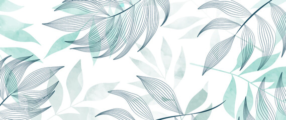Wall Mural - abstract luxury art background with tropical leaves. watercolor design in art line style in green an