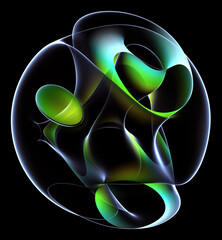 Wall Mural - 3d render of abstract art with surreal alien flower in curve wavy organic spherical biological lines forms in transparent glowing material in azure green gradient color on black background