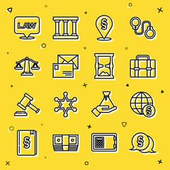 Sticker - Set line Law, International law, Briefcase, Location, Envelope, Scales of justice, and Old hourglass icon. Vector