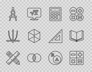 Set line Crossed ruler and pencil, Calculator, Mathematics sets A B, Drawing compass, Geometric figure Cube, Subsets, math, is subset of and Open book icon. Vector