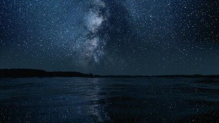 the milky way is reflected in the waves of water, time-lapse