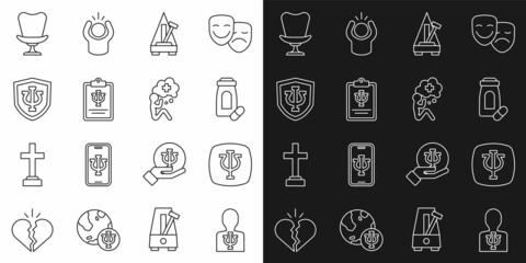 Sticker - Set line Psychology, Psi, Sedative pills, Metronome with pendulum, Armchair and Helping hand icon. Vector