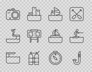 Sticker - Set line Diving board or springboard, Snorkel, Windsurfing, Aqualung, Photo camera, Sport mechanical scoreboard, Compass and Water skiing man icon. Vector