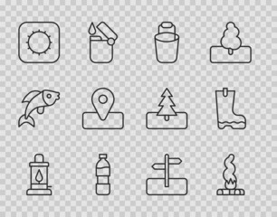 Poster - Set line Camping lantern, Campfire, Bucket, Bottle of water, Sun, Location for camping, Road traffic sign and Waterproof rubber boot icon. Vector