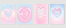 Abstract Pastel Gradient Cute Cover Template. Set Of Modern Poster With Vibrant Graphic Color, Hologram, Adorable Elements, Heart Shapes, Star. Minimal Style Design For Flyer, Brochure, Ads, Media.