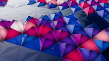 Illuminated, Blue And Pink Polygonal Surface With Tetrahedrons. Futuristic, Neon 3d Wallpaper.