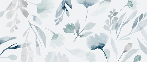 Wall Mural - Abstract botanical in pattern vector background. Blossom wallpaper design with blue flowers, leaves, branches in watercolor texture. Vector illustration suitable for fabric, prints, cover.
