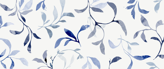 Abstract botanical in pattern vector background. Foliage wallpaper with blue leaves, branches in watercolor texture. Spring leaf illustration suitable for fabric, prints, cover.