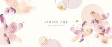 Spring Floral In Watercolor Vector Background. Luxury Wallpaper Design With Purple Flowers, Circles, Golden Texture. Elegant Gold Blossom Flowers Illustration Suitable For Fabric, Prints, Cover.